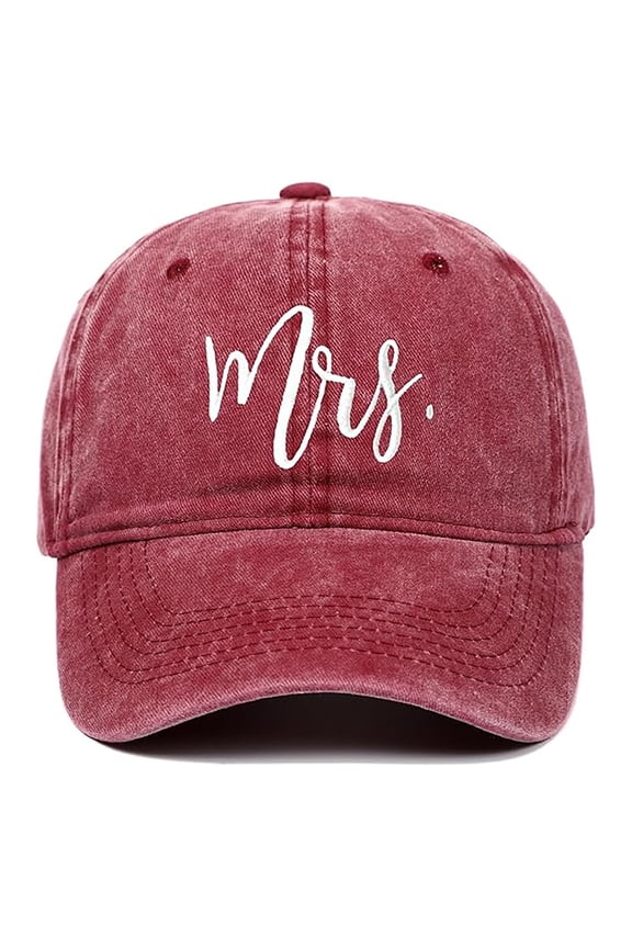 Mrs Embroidered Baseball Cap, Burgundy Washed Distressed Denim Dad Hat with Cursive Script, Matching Couple Hat Set for Bride, Bridal Party Gift and Matching Couple Photo Prop