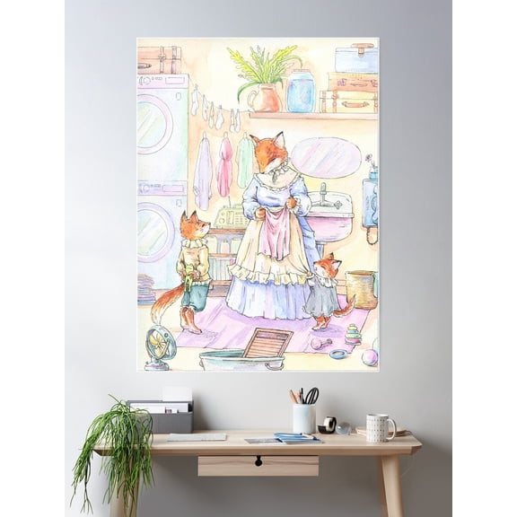 Mrs. Fox Doing The Laundry Poster Wall Art, Modern Wall Decor For Living Room Bedroom, 12x18 UNFRAMED
