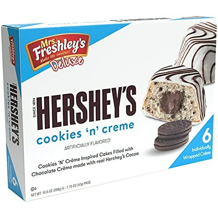 Mrs. Freshley's Deluxe HERSHEY'S COOKIES 'N' CREME Cakes, 6 Count, 6 Individually Wrapped Cakes, Shelf-Stable