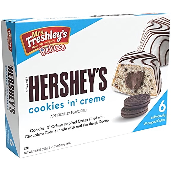 Mrs. Freshley's Deluxe HERSHEY'S COOKIES 'N' CREME Cakes, 6 Count, 6 Individually Wrapped Cakes, Shelf-Stable