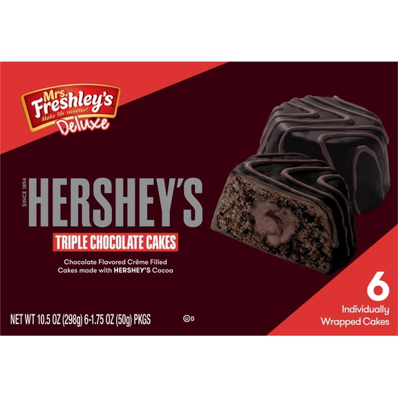 Mrs. Freshley's Deluxe Hershey's Triple Chocolate Cakes, 6 Count, 6 Individually Wrapped Snack Cakes, Shelf-Stable