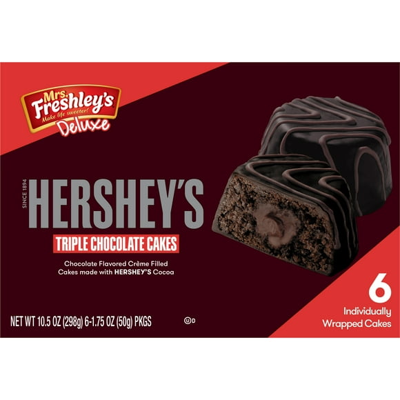 Mrs. Freshley's Deluxe Hershey's Triple Chocolate Cakes, 6 Count, 6 Individually Wrapped Snack Cakes, Shelf-Stable