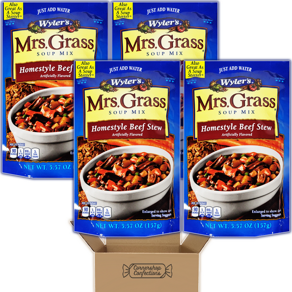 Mrs. Grass Hearty Soup Mix Bundle - Homestyle Beef Stew - 4 Individually Sealed 5.57 Ounce Packs - For Family Gatherings, Pot Lucks, Parties, Cold Days - Just Add Water in Cornershop Confections Pack