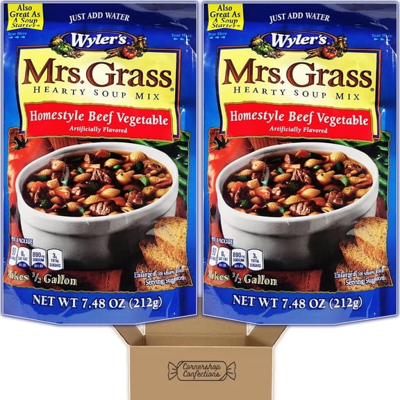 Mrs. Grass Hearty Soup Mix Bundle Pack - Homestyle Beef Vegetable Soup - 2 Packs, Each 7.48 Ounces - For Family Gatherings, Pot Lucks, Parties, Cold Days - In Cornershop Confections Pack