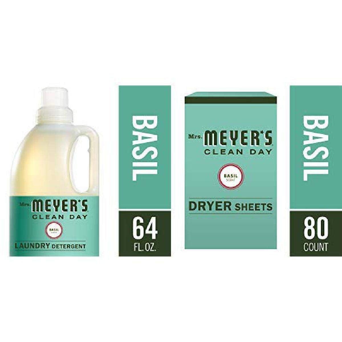 Mrs. Meyer,S Laundry Set, Basil, 2 Ct Laundry Detergent (64 Fl Oz), Dryer Sheets (80 Ct