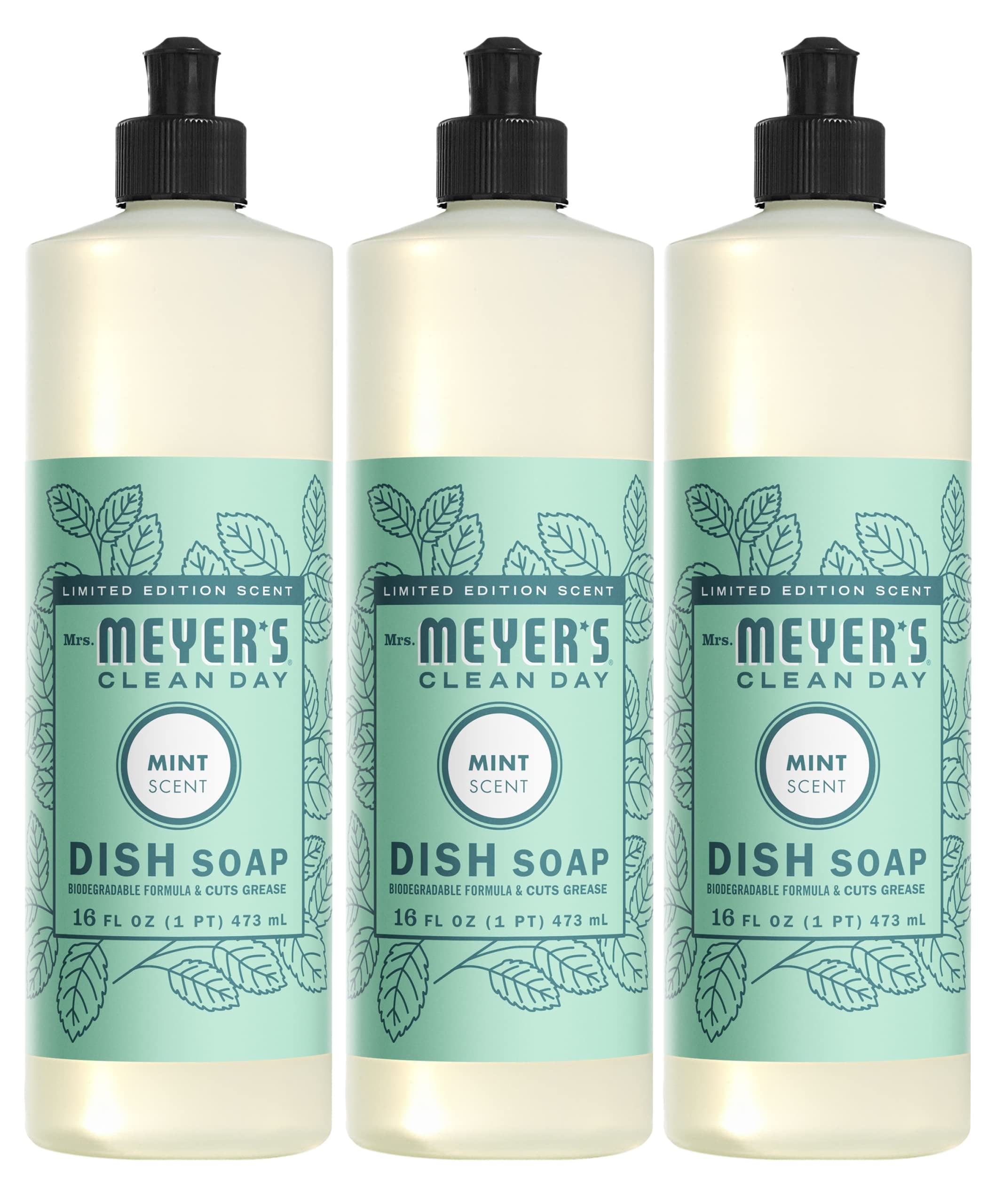 Mrs. Meyer,S Liquid Dish Soap, Biodegradable Formula, Limited Edition Mint, 16 Fl. Oz - Pack Of 3