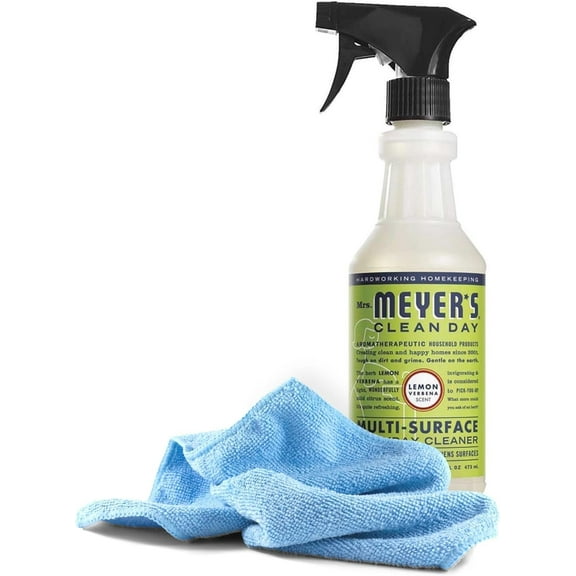 Mrs Meyer's All-Purpose Cleaner Spray, Lemon Verbena, 16 oz & Non-Abrasive and Black Swan Distributors Washable Microfiber Cleaning Cloth 15x15 in - Household Multi-Surface Cleaning Kit