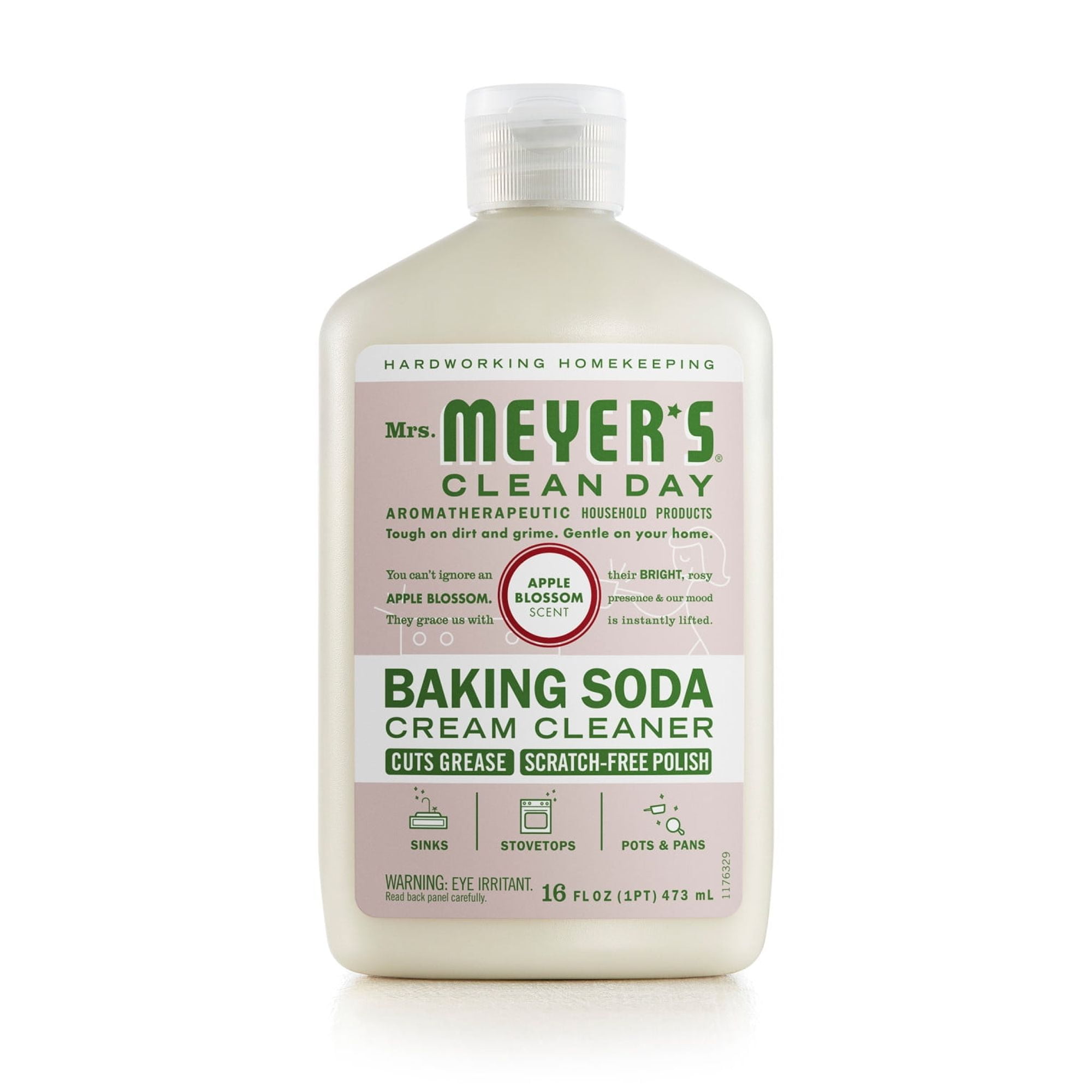 Mrs. Meyers Baking Soda Cream Cleaner, Cuts Grease, Scratch-Free Polish, Plant-Derived Cleaning Ingredients, Apple Blossom, 16 Fl Oz, Pack of 1