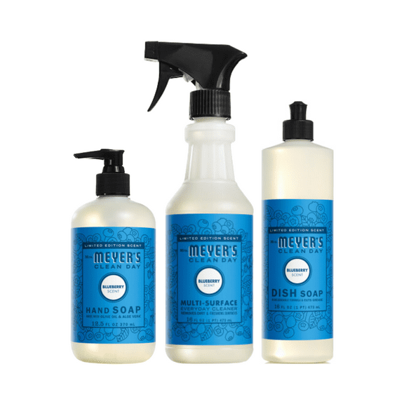 Mrs. Meyer’s Clean Day Blueberry Scent Variety Pack, Liquid Hand Soap 12.5 fl oz, Multi-Surface Cleaner 16 fl oz, Liquid Dish Soap 16 fl oz, 1 ct