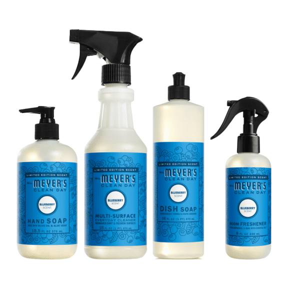Mrs. Meyer’s Clean Day Blueberry Scent Variety Pack, Liquid Hand Soap 12.5 fl oz, Multi-Surface Cleaner 16 fl oz, Liquid Dish Soap 16 fl oz, Room Freshener 8 oz, 1 ct