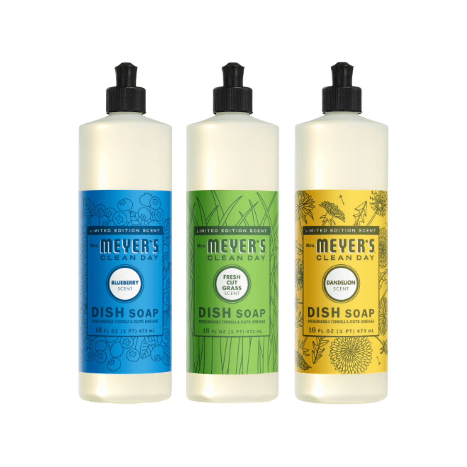 Mrs. Meyer’s Clean Day Dish Soap 16 fl oz Each, Fresh Cut Grass, Blueberry, Dandelion, 1 ct (Variety Pack)