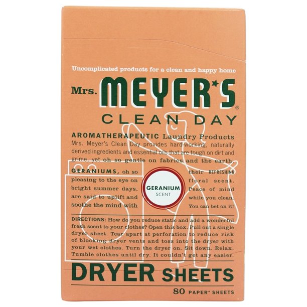 Mrs. Meyer's Clean Day Dryer Sheets, Geranium Scent, (Pack of 80