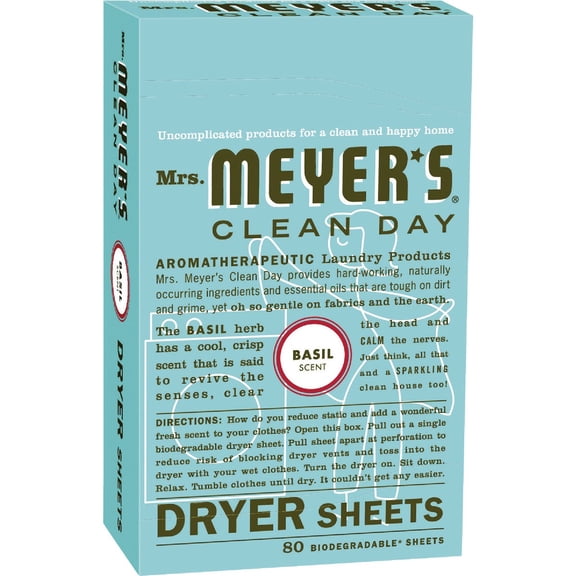 Mrs. Meyer's Clean Day Dryer Sheets, Softens Fabric, Reduces Static, Cruelty Free Formula, Basil Scent, 80 Count