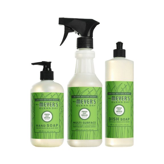 Mrs. Meyer’s Clean Day Fresh Cut Grass Scent Variety Pack, Liquid Hand Soap 12.5 fl oz, Dish Soap 16 fl oz, Multi-Surface Cleaner 16 fl oz, 1 ct
