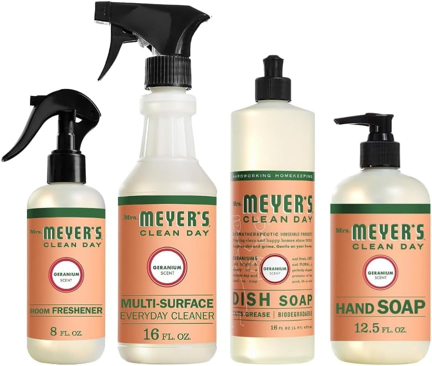 Mrs. Meyer's Clean Day Geranium Scent Variety, 1 Room Freshener 8 oz, 1 Liquid Dish Soap 16 oz, 1 Liquid Hand Soap 12.5 oz, 1 Multi-surface Cleaner 16 oz