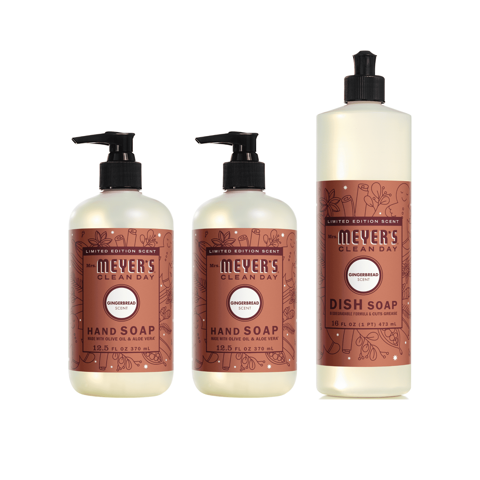 Mrs. Meyer’s Clean Day Gingerbread 3 Pack Variety, Liquid Hand Soap 12.5 fl oz (2), Dish Soap 16 fl oz, 1 ct