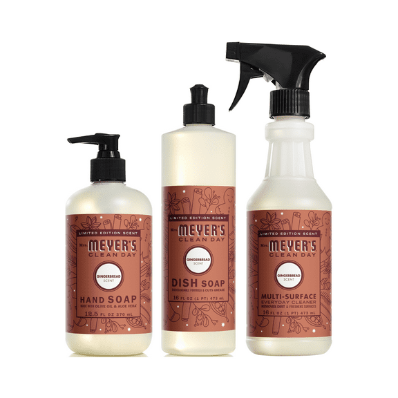 Mrs. Meyers Clean Day Gingerbread 3 Pack Variety, Liquid Hand Soap 12.5 fl oz, Dish Soap 16 fl oz, Multi-Surface Cleaner 16 fl oz, 1 ct