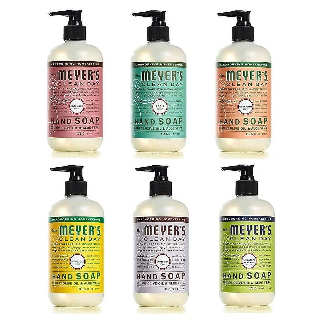 Mrs. Meyer's Clean Day Hand Soap Scent Variety Pack Includes 1 of Each, Rosemary + Basil + Geranium + Honeysuckle + Lavender + Lemon Verbena, 12.5oz ea (Count of 6)