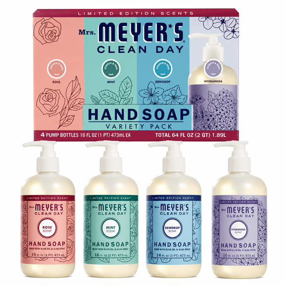 Mrs. Meyers Clean Day Hand Soap Variety Pack, Limited Edition Scents, 4 Pack Pump Bottles, 16 fl oz Each, Moisturizing Hand Soap with Aloe Vera & Olive Oil