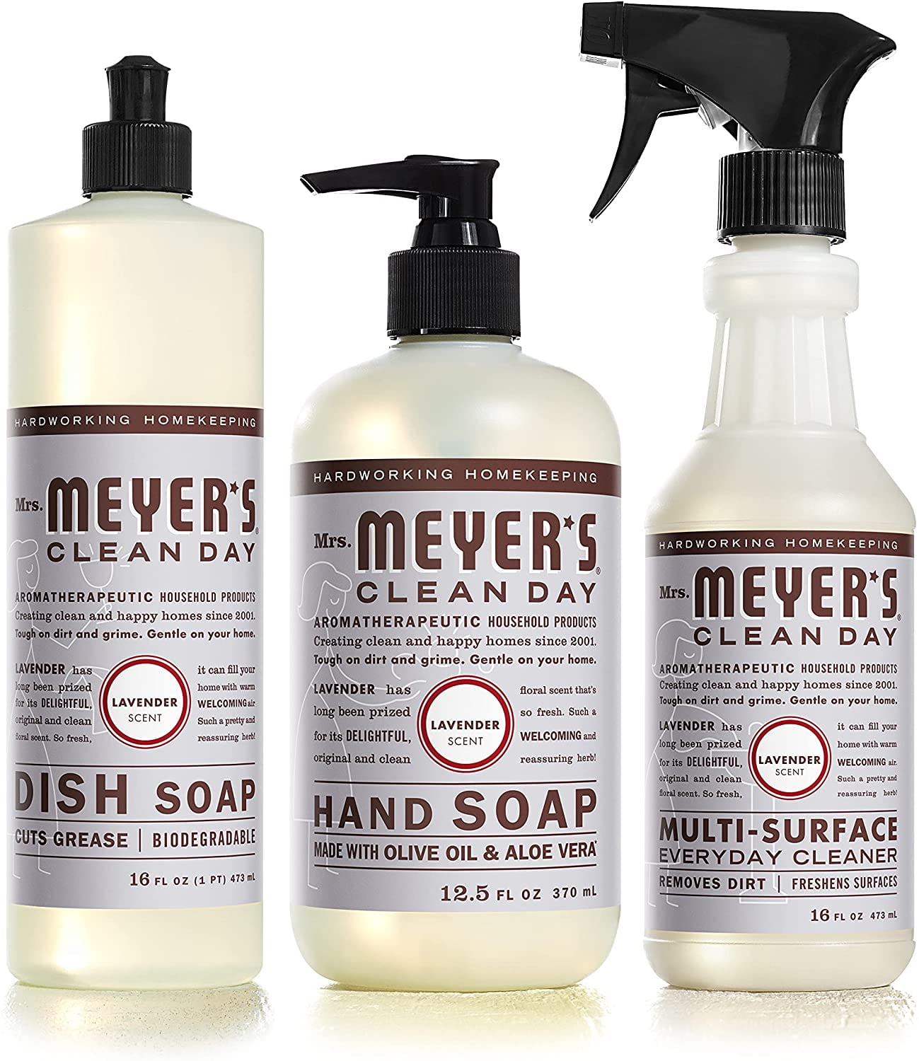 Mrs. Meyer's Clean Day Lavender Kitchen Set Variety, 1 Dish Soap 16 fl oz, 1 Hand Soap 12.5 oz, 1 Multi-Surface Cleaner 16 oz