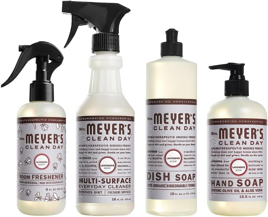 Mrs. Meyer's Clean Day Lavender Scent Variety, 1 Room Freshener 8 oz, 1 Liquid Dish Soap 16 oz, 1 Liquid Hand Soap 12.5 oz, 1 Multi-surface Cleaner 16 oz