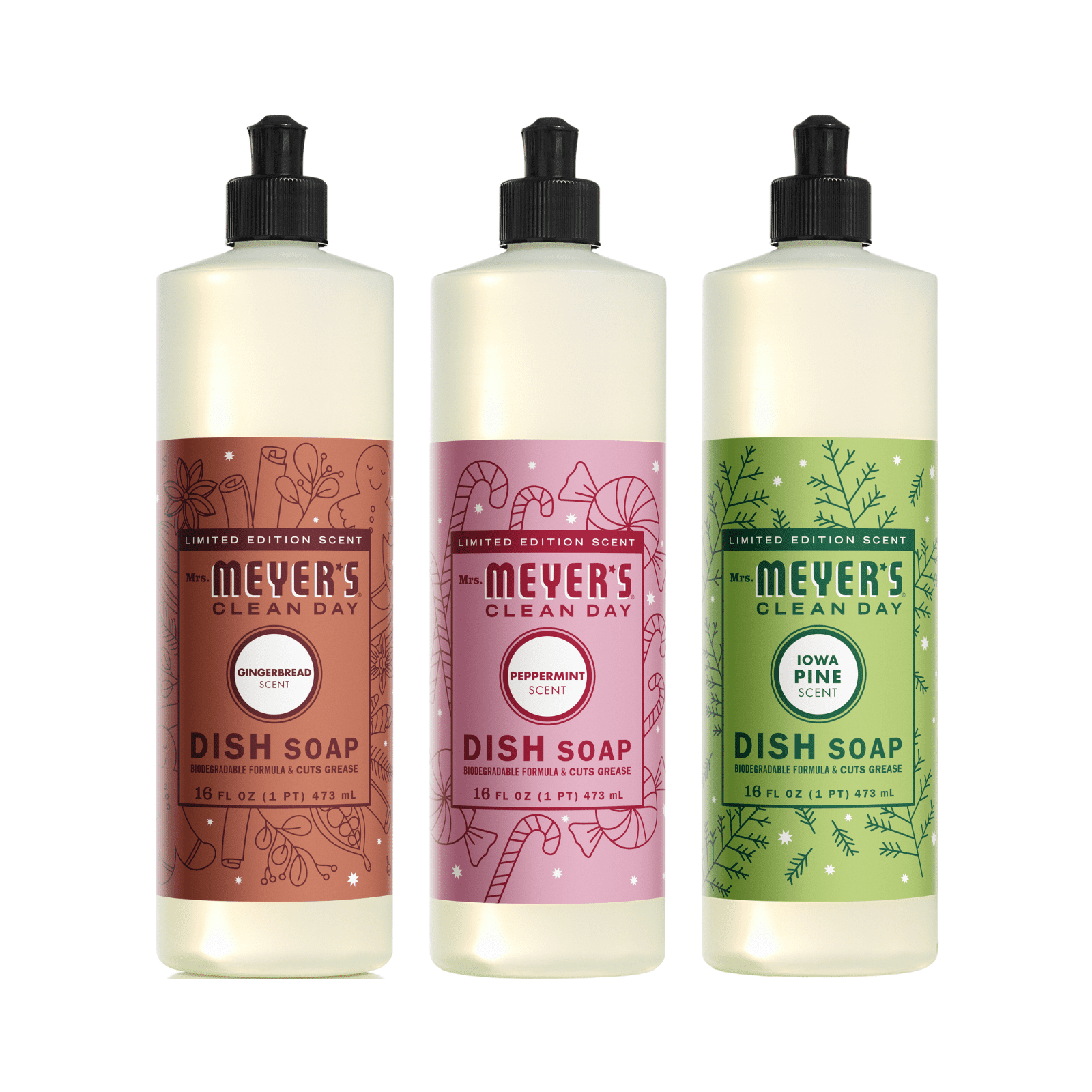 Mrs. Meyers Clean Day Liquid Dish Soap 3 Pack Variety, Iowa Pine, Peppermint, Gingerbread, 16 oz Each, 1 ct