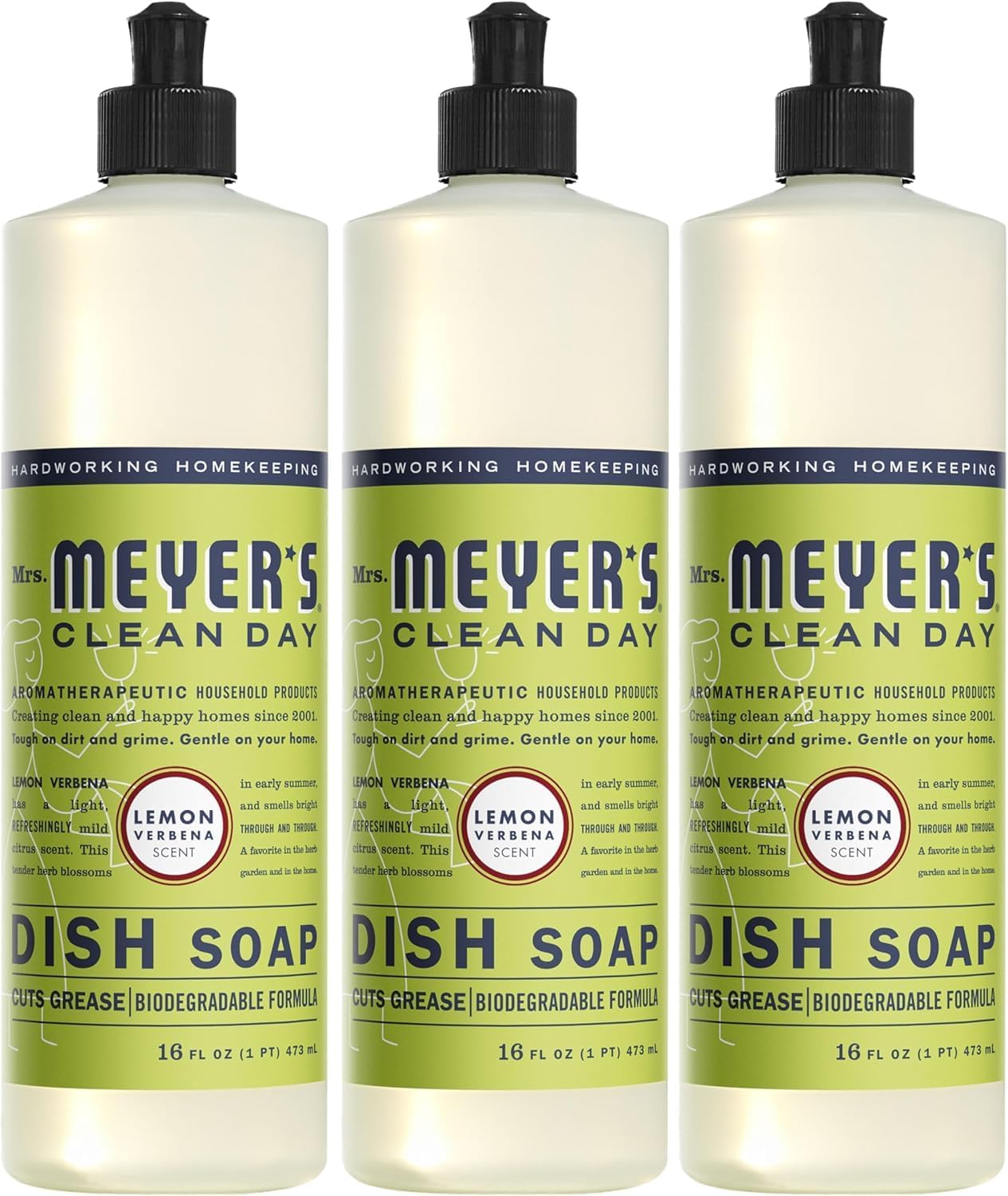 Mrs. Meyer's Clean Day Liquid Dish Soap, Cruelty Free Formula, Lemon Verbena Scent, 16 Oz- Pack of 3