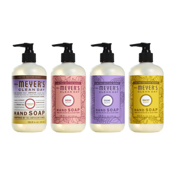 Mrs. Meyers Clean Day Liquid Hand Soap Variety, Compassion Flower, Rose, Lilac, Daisy, 12 OZ Each, 1 CT