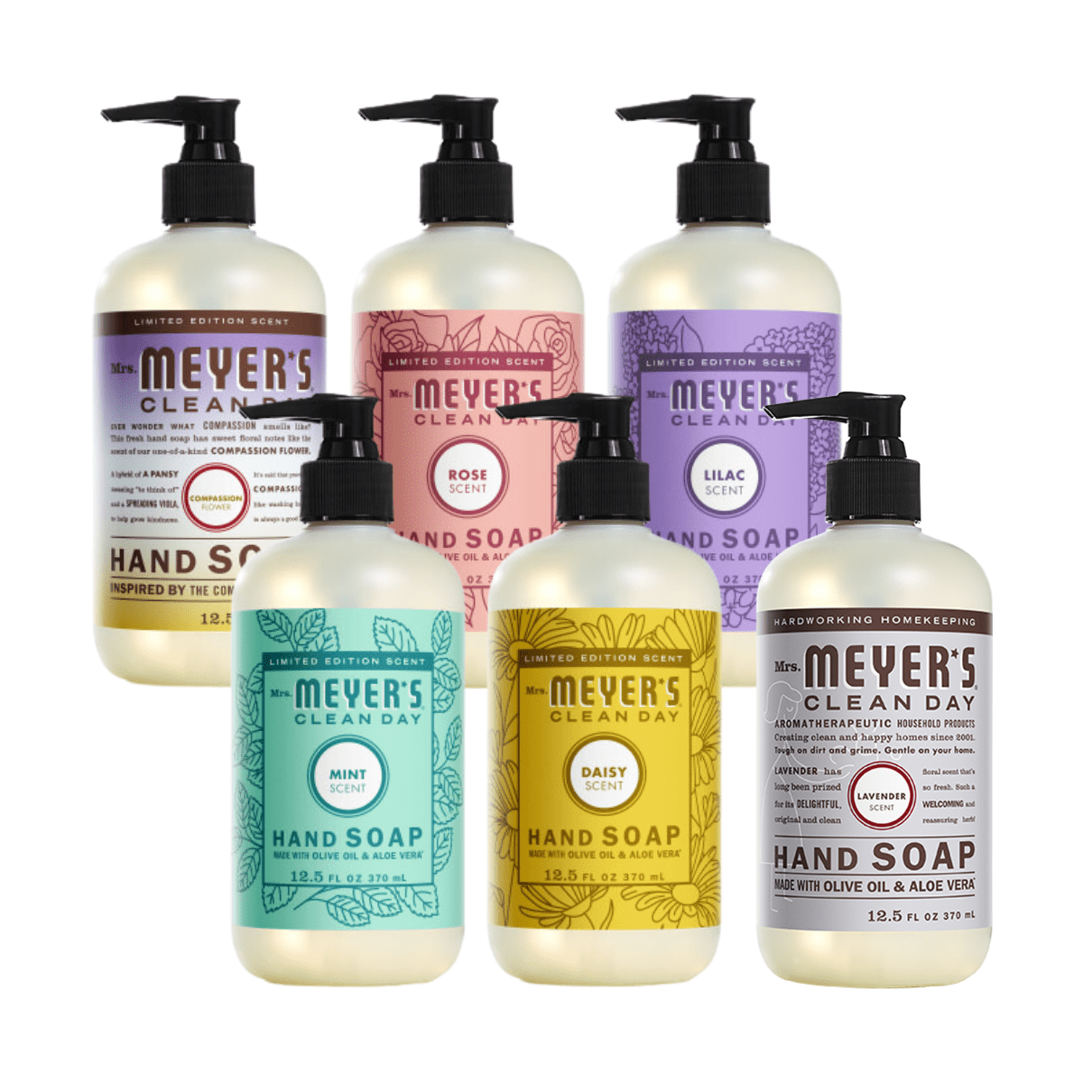 Mrs. Meyers Clean Day Liquid Hand Soap Variety, Compassion Flower, Rose, Lilac, Mint, Daisy, Lavender, 12.5 OZ Each, 1 CT