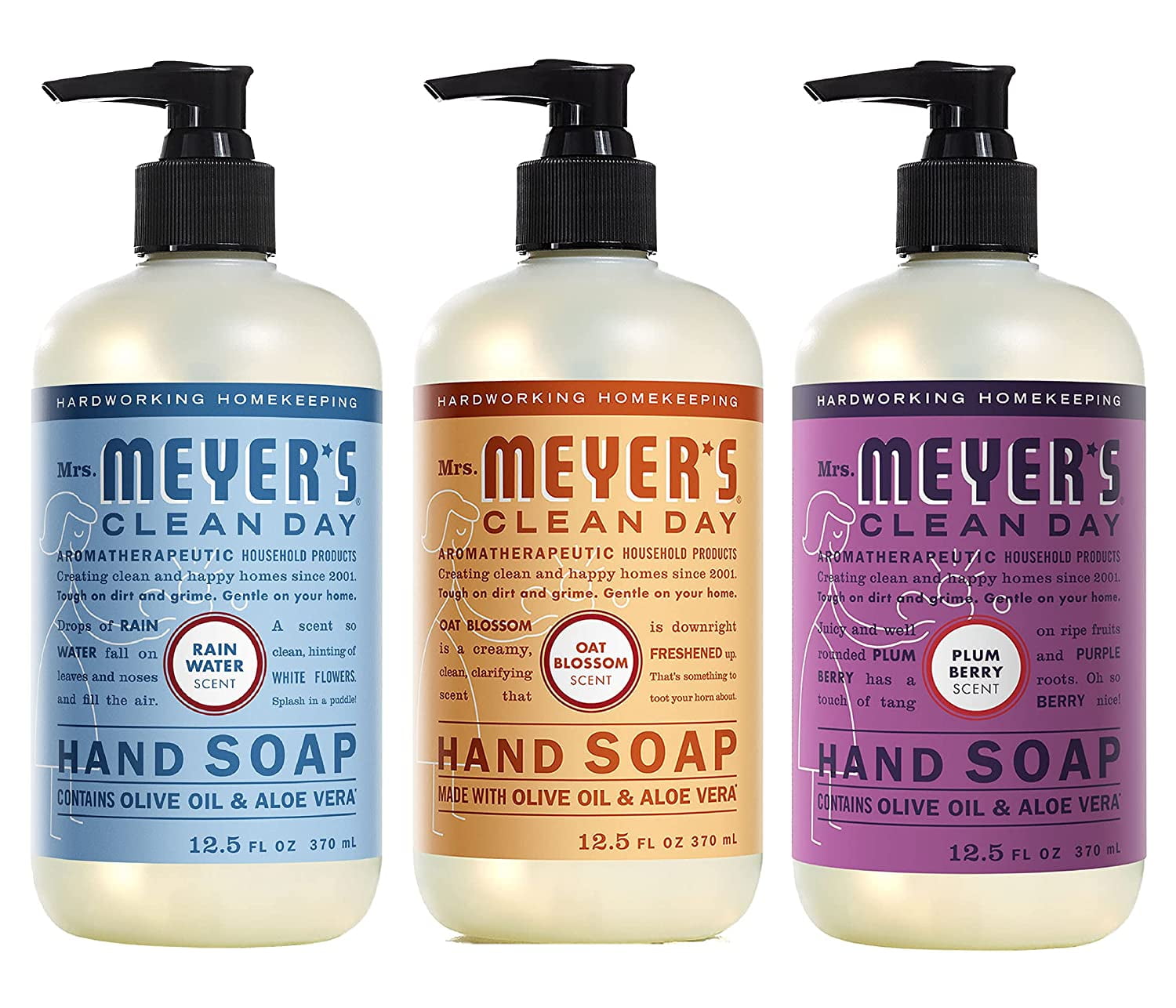 Mrs. Meyers Clean Day Liquid Hand Soap Variety Pack, 1 Rain Water Scent Hand Soap, 1 Oat Blossom Scent Hand Soap, 1 Plum Berry Scent Hand Soap, 12.5 FL OZ (3 CT)