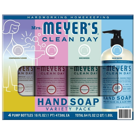 Mrs. Meyers Clean Day Liquid Hand Soap Variety Pack, 16 fl oz Pump Bottles, 4 Count
