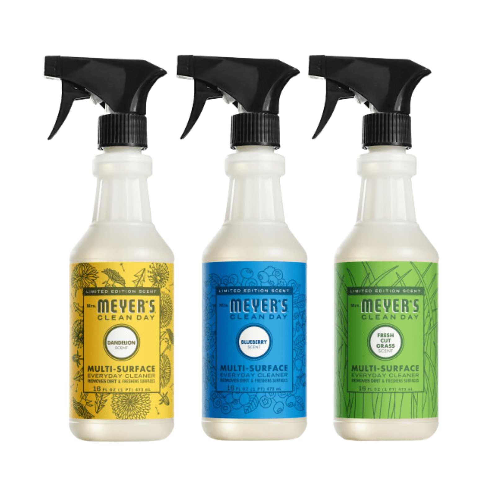 Mrs. Meyers Clean Day Multi-Surface Cleaner 16 fl oz Each, Fresh Cut Grass, Blueberry, Dandelion, 1 ct (Variety Pack)