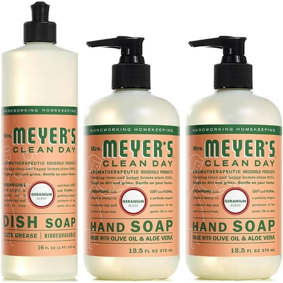 Mrs. Meyers Clean Day Variety, 2 Liquid Hand Soap 12.5 oz, 1 Liquid Dish Soap 16 fl oz (Geranium)
