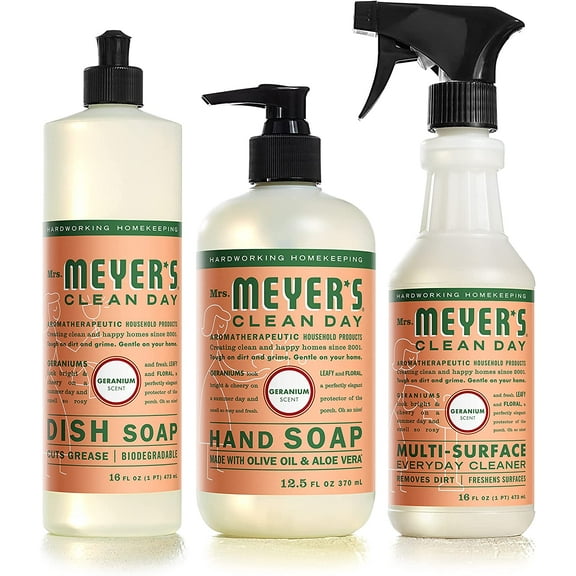 Mrs. Meyer's Geranium Kitchen set, Dish soap, Hand soap, and Multi-surface Cleaner, 1 CT