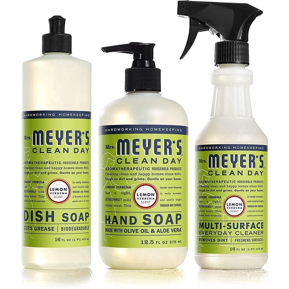 Mrs. Meyer's Kitchen set, Dish Soap, Hand Soap, and Multi-Surface Cleaner, Lemon Verbena, 1 CT