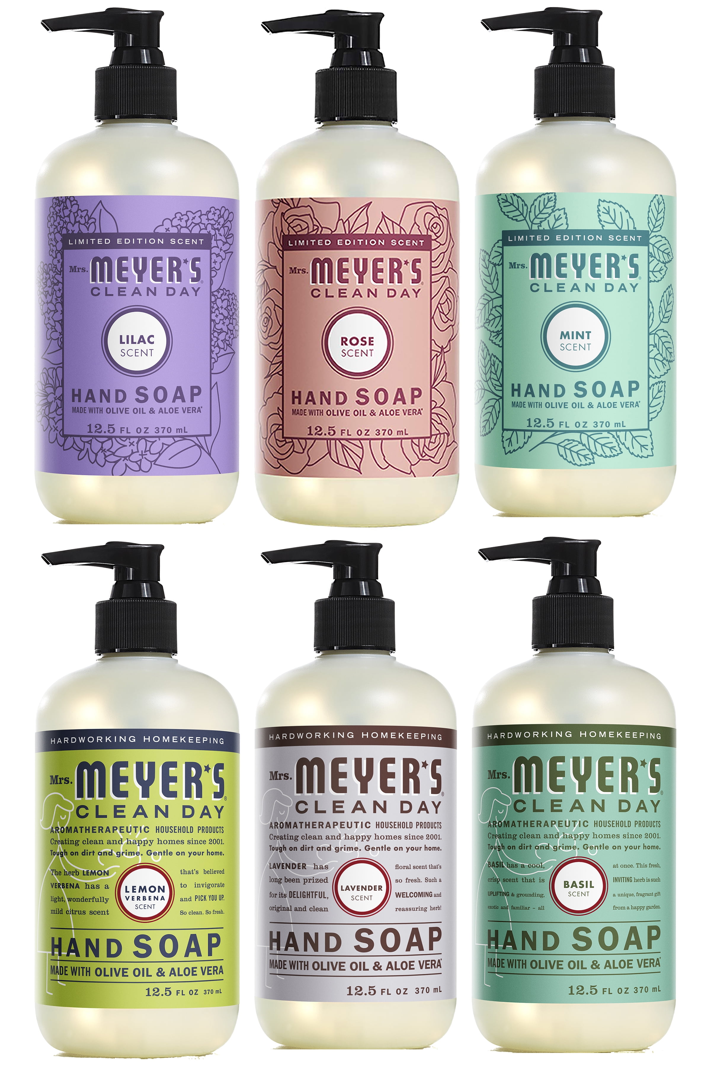 Mrs. Meyer's Liquid Hand Soap Spring Scents Plus Everyday Scents 6 Scent Variety, 1 Rose, 1 Mint, 1 Lilac, 1 Basil, 1 Lavender, 1 Lemon Verbena, 1 CT