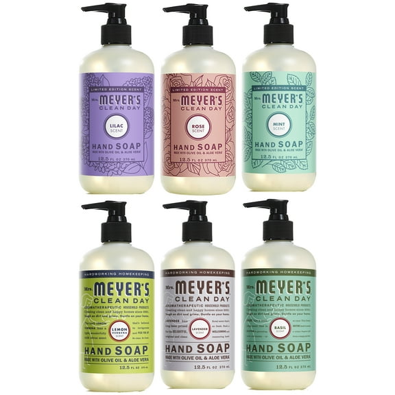 Mrs. Meyer's Liquid Hand Soap Spring Scents Plus Everyday Scents 6 Scent Variety, 1 Rose, 1 Mint, 1 Lilac, 1 Basil, 1 Lavender, 1 Lemon Verbena, 1 CT