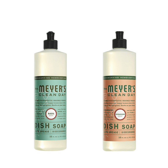 Mrs. Meyers Clean Day Liquid Dish Soap, 1 Pack Basil, 1 Pack Geranium, 16 OZ