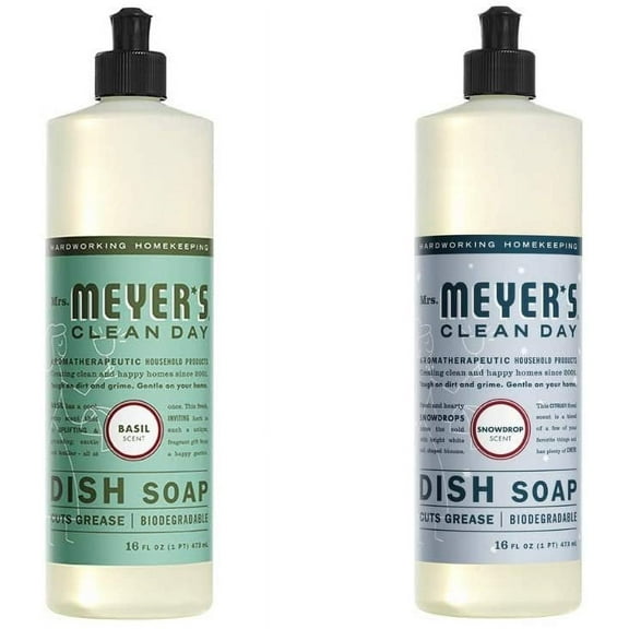 Mrs. Meyers Clean Day Liquid Dish Soap, 1 Pack Basil, 1 Pack Snowdrop, 16 OZ each