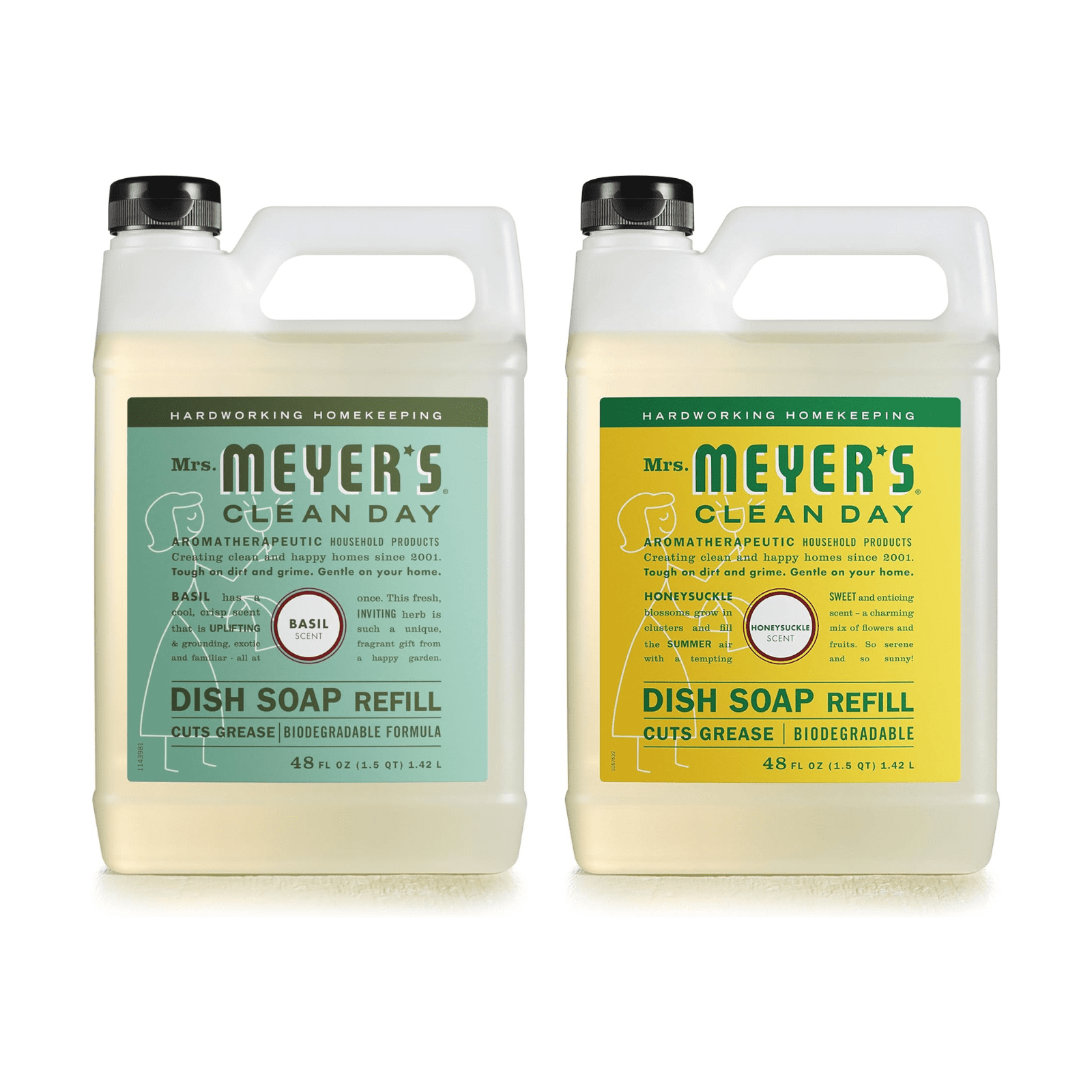 Mrs. Meyers Clean Day Liquid Dish Soap Refill Floral & Fresh Scents Set, Basil, Honeysuckle, 48 fl oz Each, 2 CT (Variety Pack)