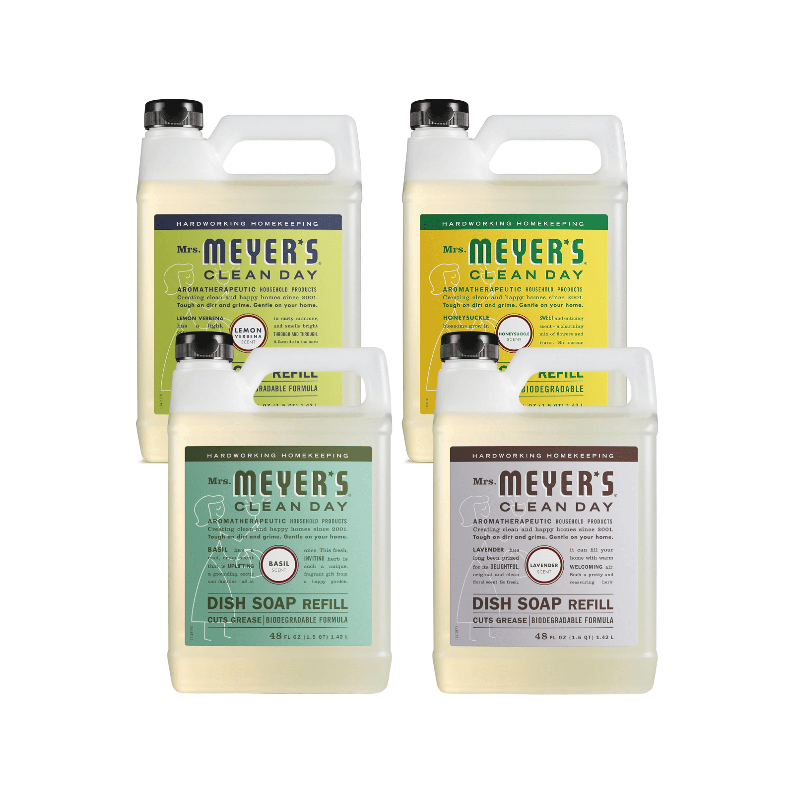 Mrs. Meyers Clean Day Liquid Dish Soap Refill Floral & Fresh Scents Set, Lavender, Lemon Verbena, Basil, Honeysuckle, 48 fl oz Each, 4 CT (Variety Pack)