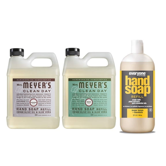 Mrs. Meyers Clean Day Liquid Hand Soap Refill, 1 Pack Lavender, 1 Pack Basil, 33 OZ each include 1 12.75 OZ Bottle of Hand Soap Meyer Lemon