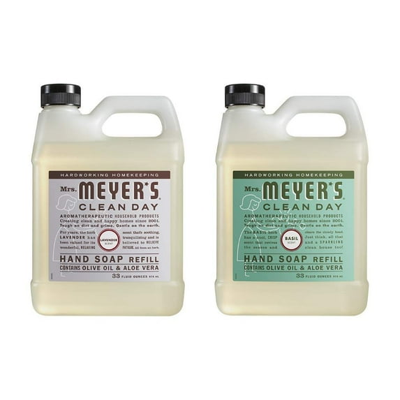 Mrs. Meyers Clean Day Liquid Hand Soap Refill, 1 Pack Lavender, 1 Pack Basil, 33 OZ each