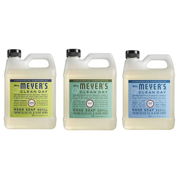Mrs. Meyers Clean Day Liquid Hand Soap Refill, 1 Pack Lemon Verbena, 1 Pack Basil, 1 Pack Rain water, 33 OZ each