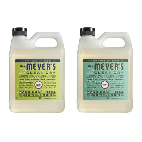 Mrs. Meyers Clean Day Liquid Hand Soap Refill, 1 Pack Lemon Verbena, 1 Pack Basil, 33 OZ each