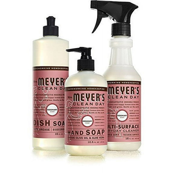 Mrs. Meyers Clean Day Rosemary Kitchen Basics Set: 3 items - 1 Dish Soap, 1 Hand Soap, 1 Everyday Cleaner