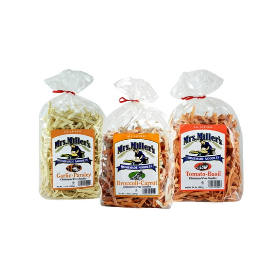 Mrs. Miller's Homemade Garlic Parsley, Tomato Basil & Broccoli Carrot Cholesterol-Free Noodles Variety 3-Pack, 14 oz. Bags