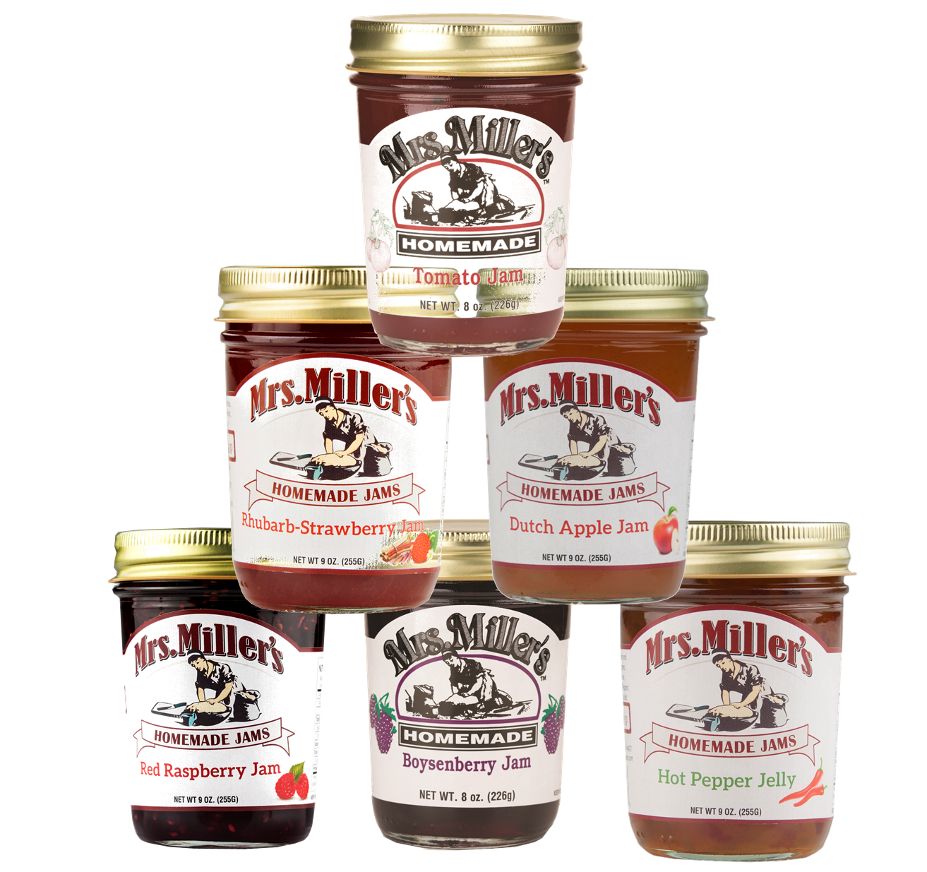 Mrs. Miller's Tomato Jam, Dutch Apple Jam, RhubarbStrawberry Jam, Hot