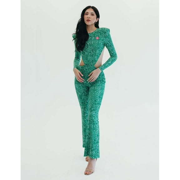 Mrs Momma Bear Backless Printed Sequin Athleisure Green, Verde Mi Amor Jumpsuit (Women's)