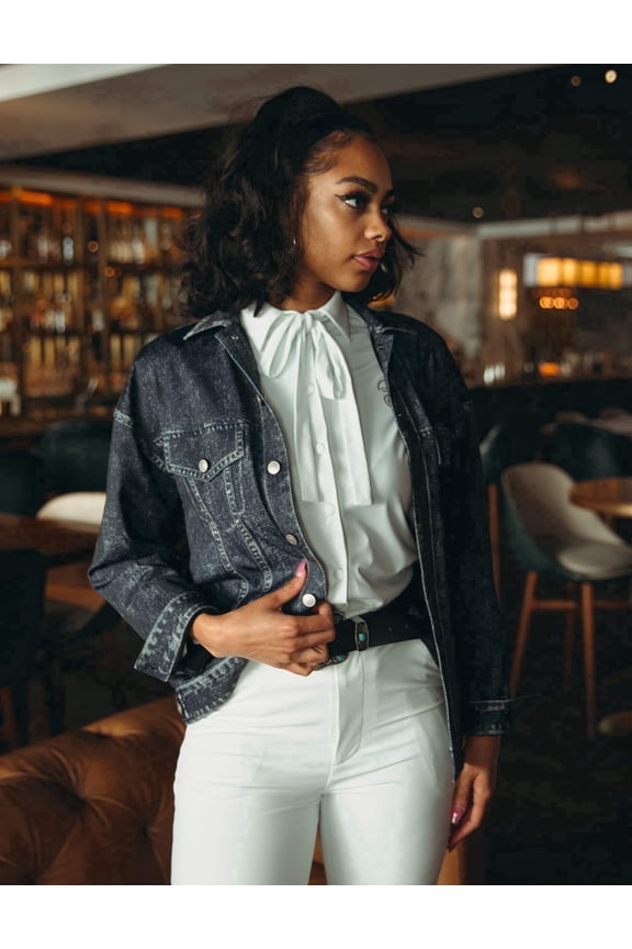 Black Denim Jacket Long-Sleeve Printed Denim Athleisure Black for Women